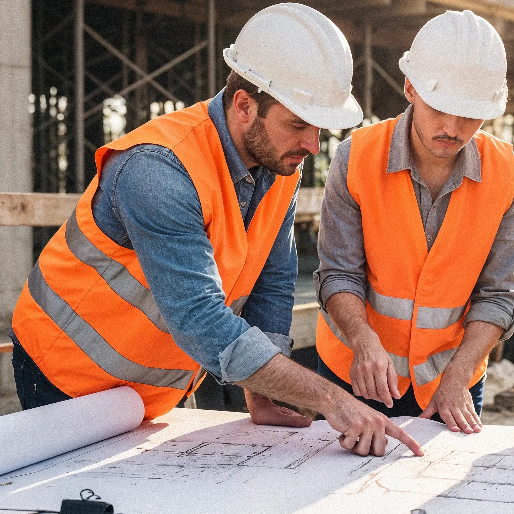 construction-workers-collaborating-blueprints-construction-site