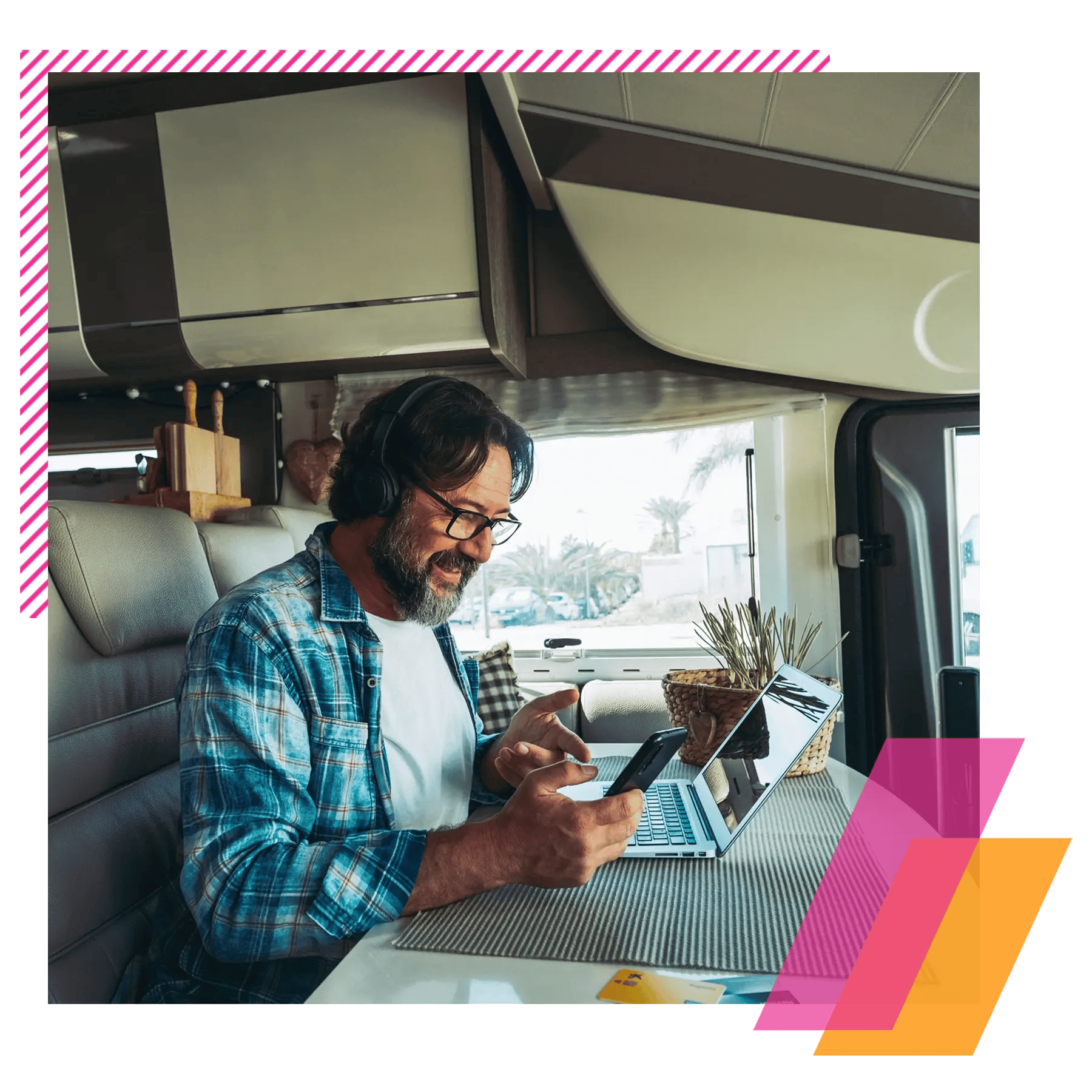 man banking online from RV
