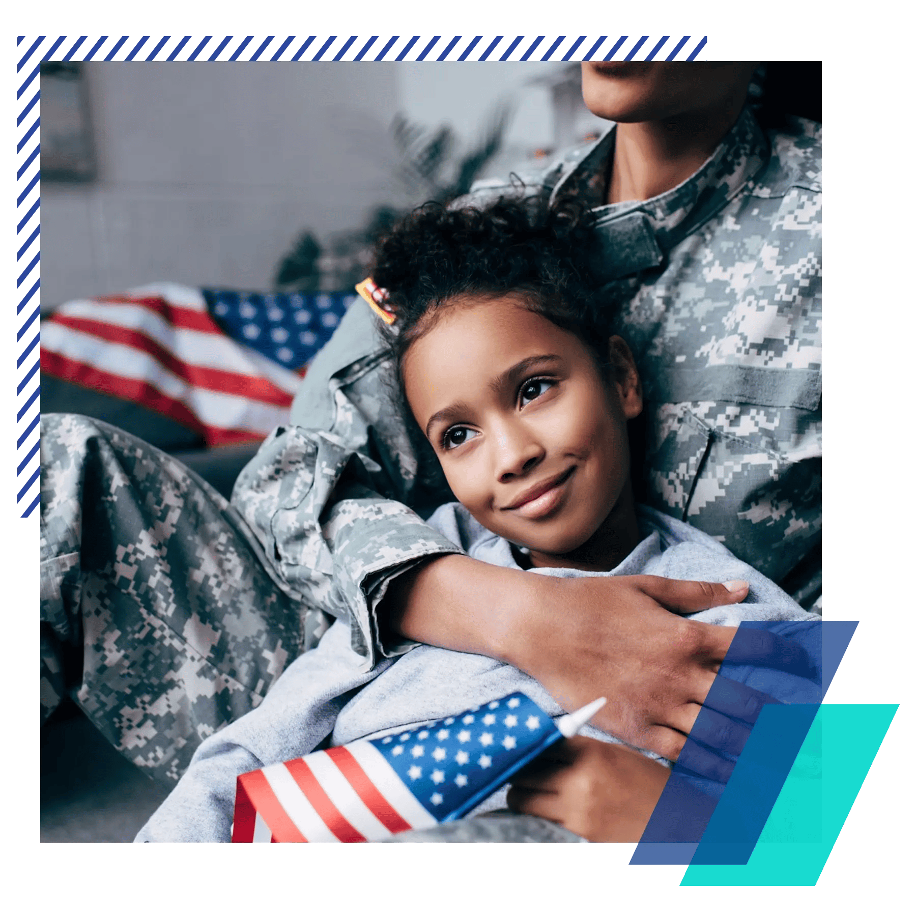 Veteran mother embraces daughter with American flag in hand