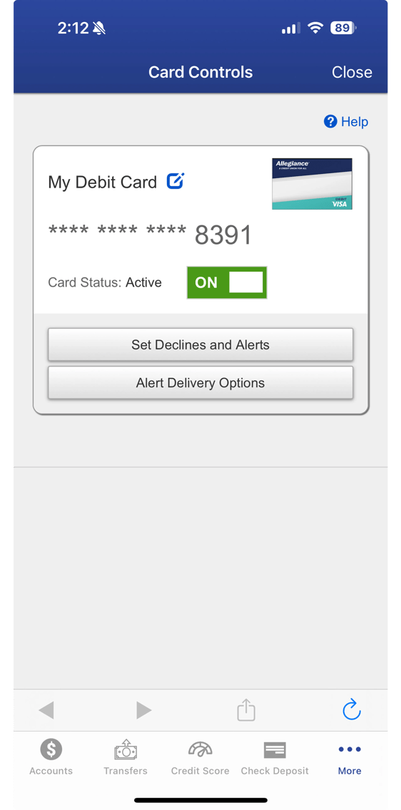 Allegiance Debit Card Controls