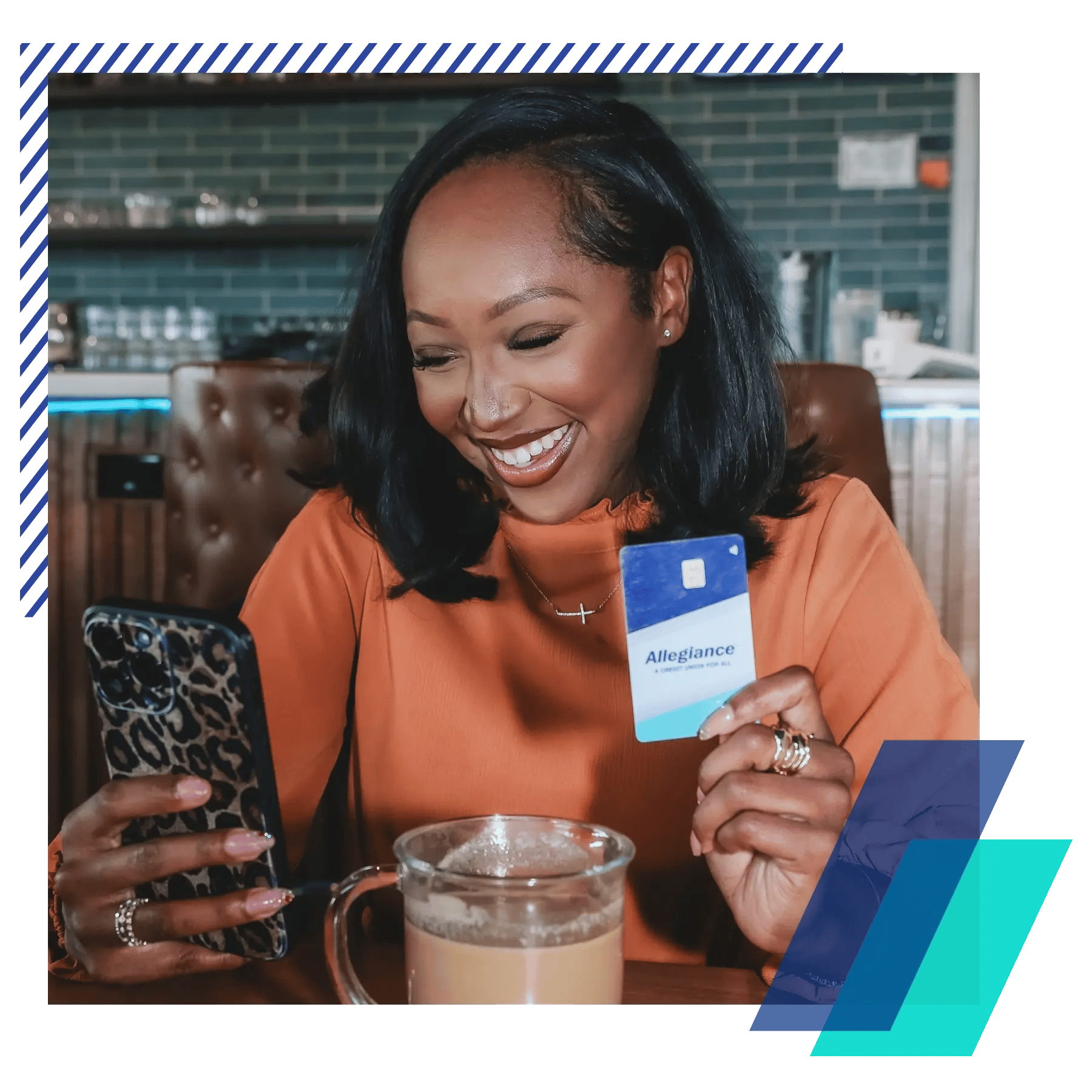 Woman using Allegiance Debit Card at coffee shop