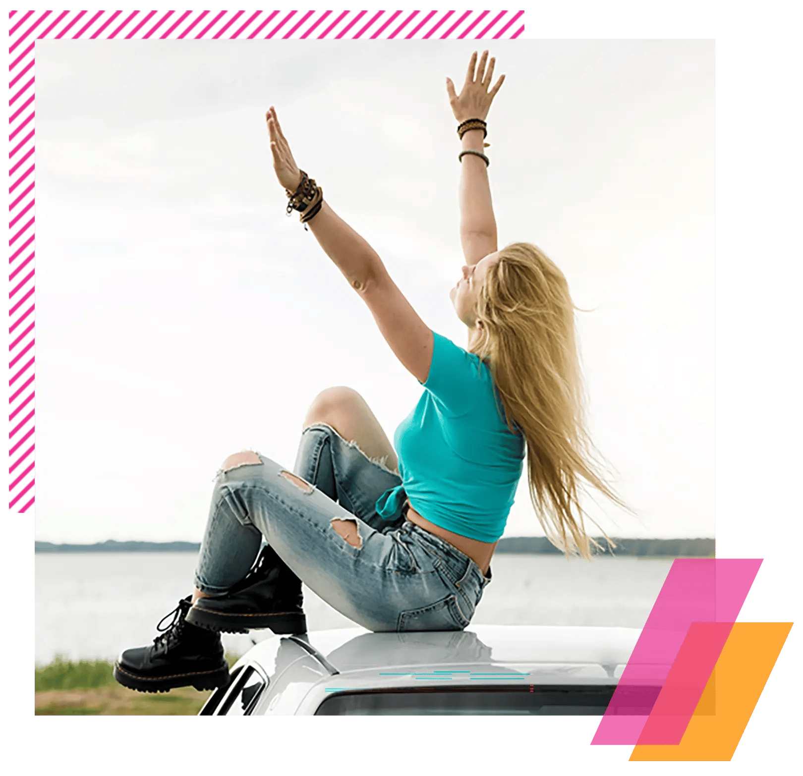 First time car buyer loan approval celebrationg in process by a young woman in a teal shirt on top of her new car.