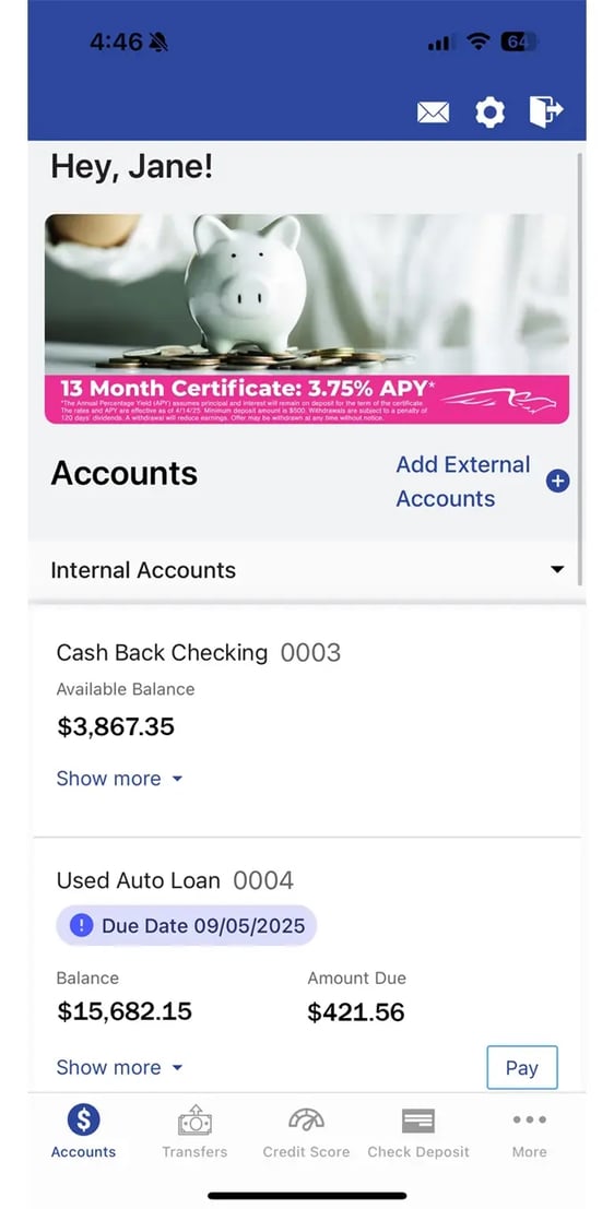 Allegiance Mobile App Home Screen