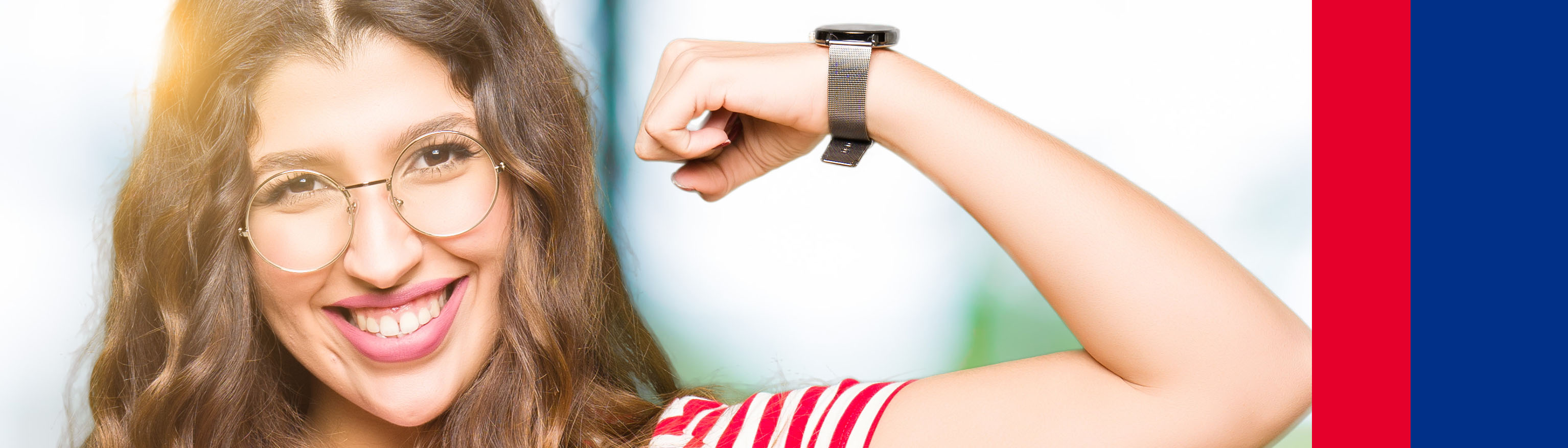 Woman is flexing her arm feeling strong now that she knows how to get out of debt fast.